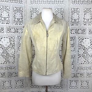 Vtg Gold Metallic Suede Leather Jacket Full Zip 4 Petite Retro Party Festival